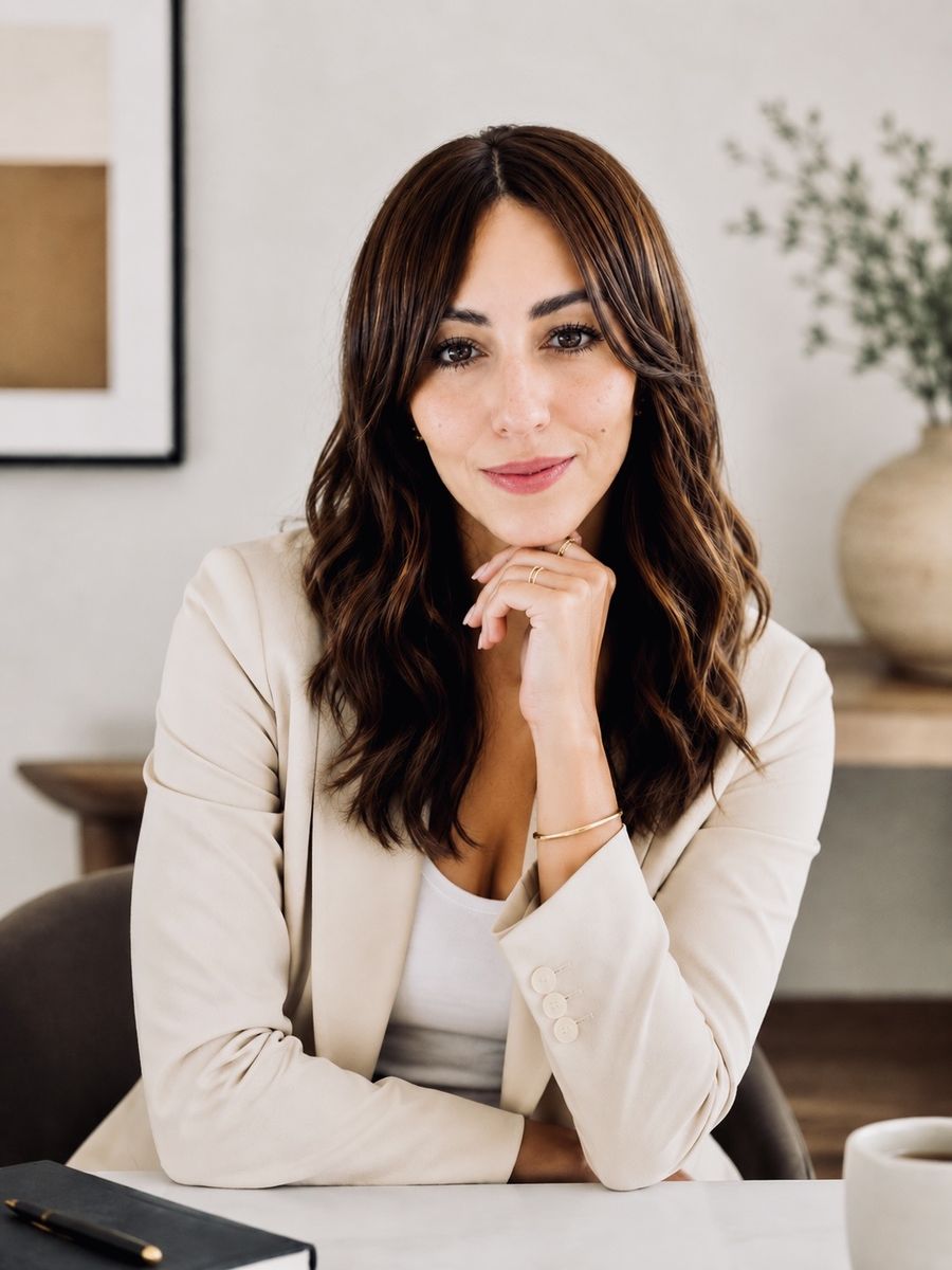 Mimi Ortega, the founder of Ask Me Instead, smiling at her desk